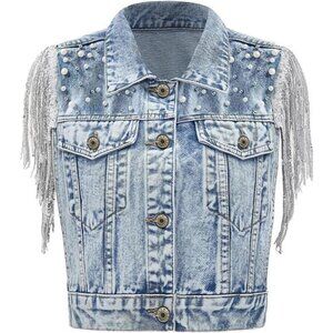 Women's Pearls Beading Denim Vest Sleeveless Casual Vintage Crop Top Vest